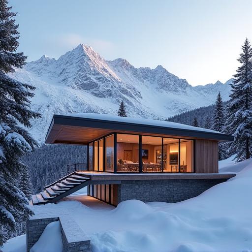 Modernes Luxus-Chalet mit Panoramafenstern und Blick auf die verschneiten Berge