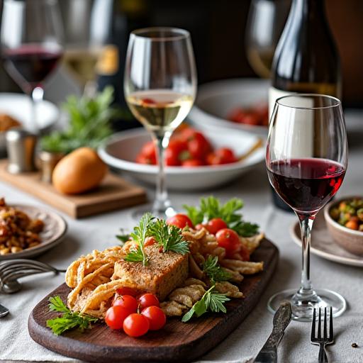 Nahaufnahme eines gedeckten Tisches mit österreichischen Spezialitäten und Wein